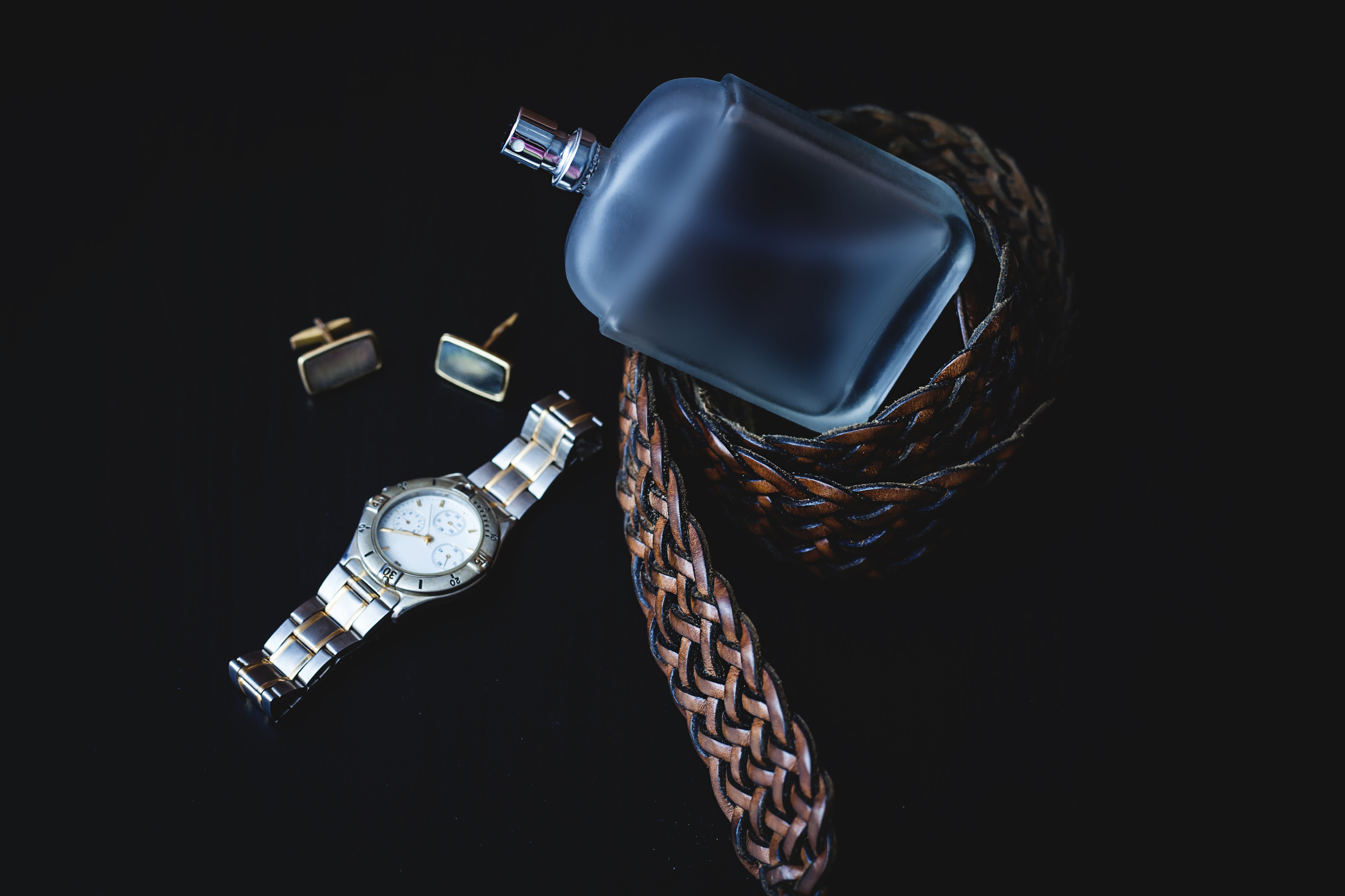 Mens accessories. Watch with perfume and cuff